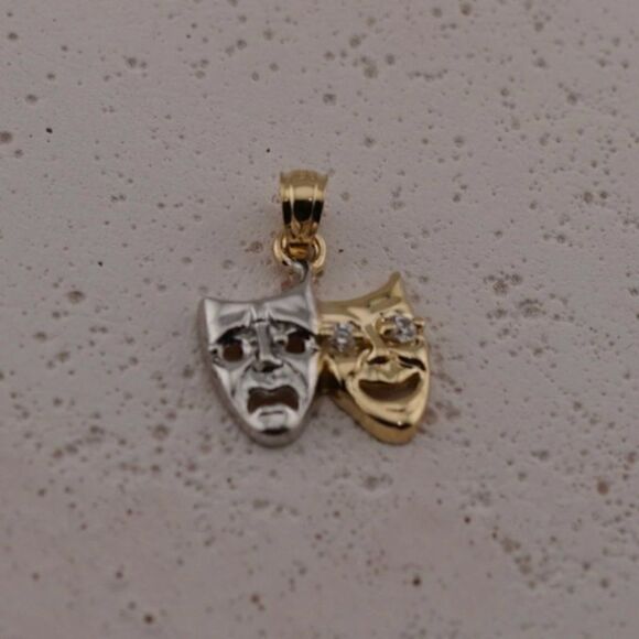 14k Solid Yellow Gold Comedy & Tragedy Pendant | Theatrical Artistry Charm | - Picture 6 of 6